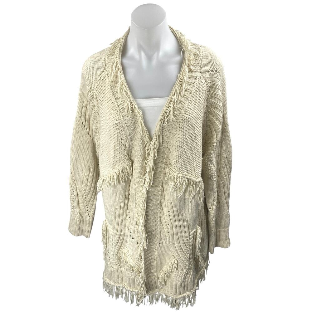 Tularosa Cream Long Sleeve Boho Fringe Midi Open Cardigan Sweater Top Size S